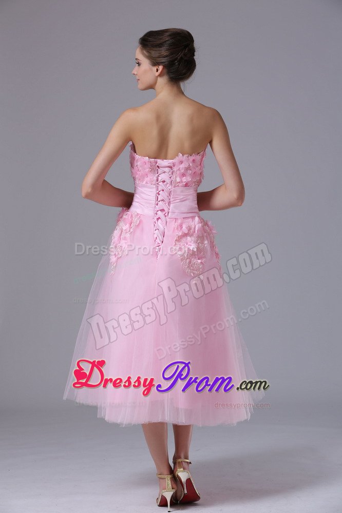 A-line Tea-length Pink Prom Dresses with Handmade Flowers