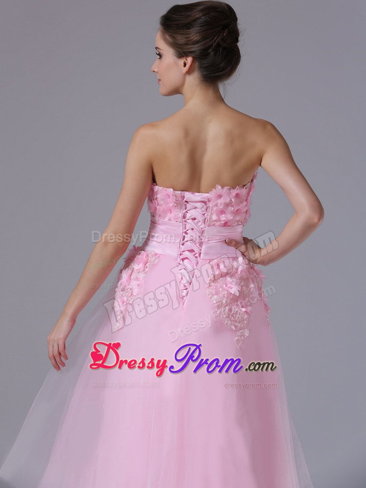 A-line Tea-length Pink Prom Dresses with Handmade Flowers