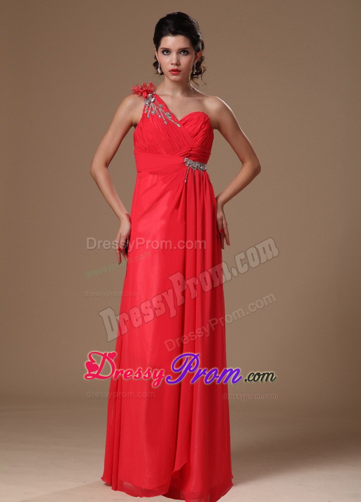Pretty One Shoulder Ruched Coral Red Dress for Prom Zipper-up