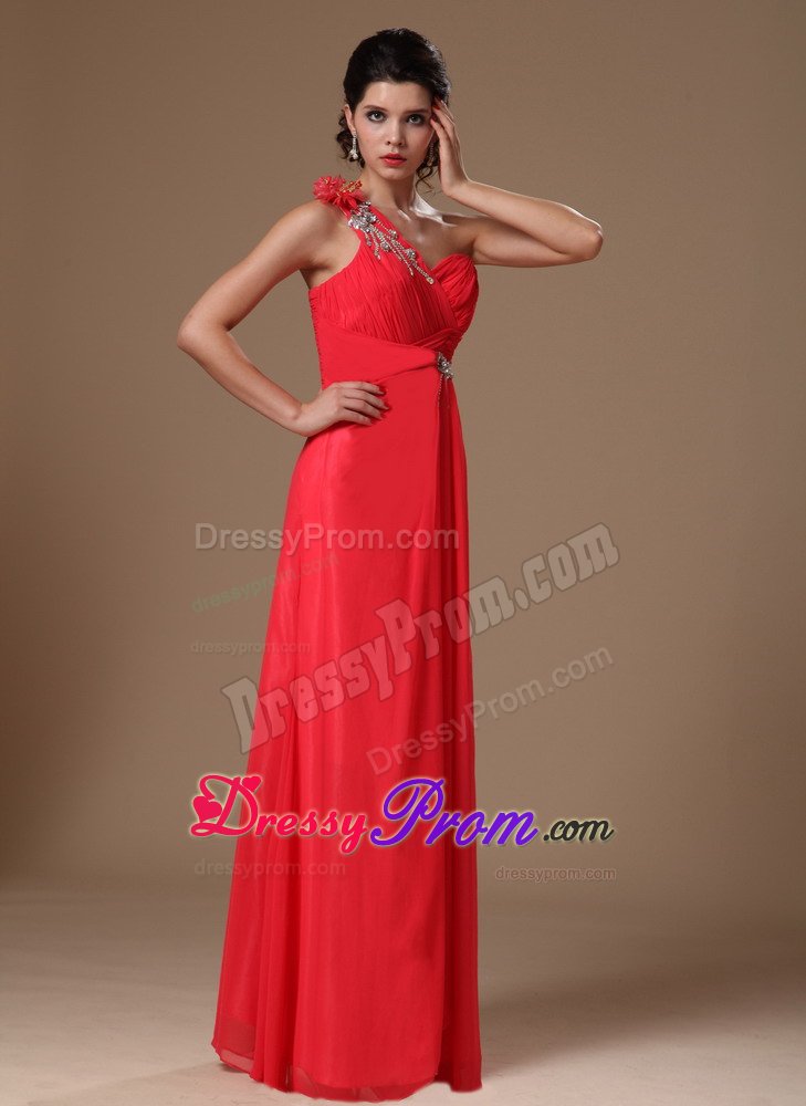 Pretty One Shoulder Ruched Coral Red Dress for Prom Zipper-up