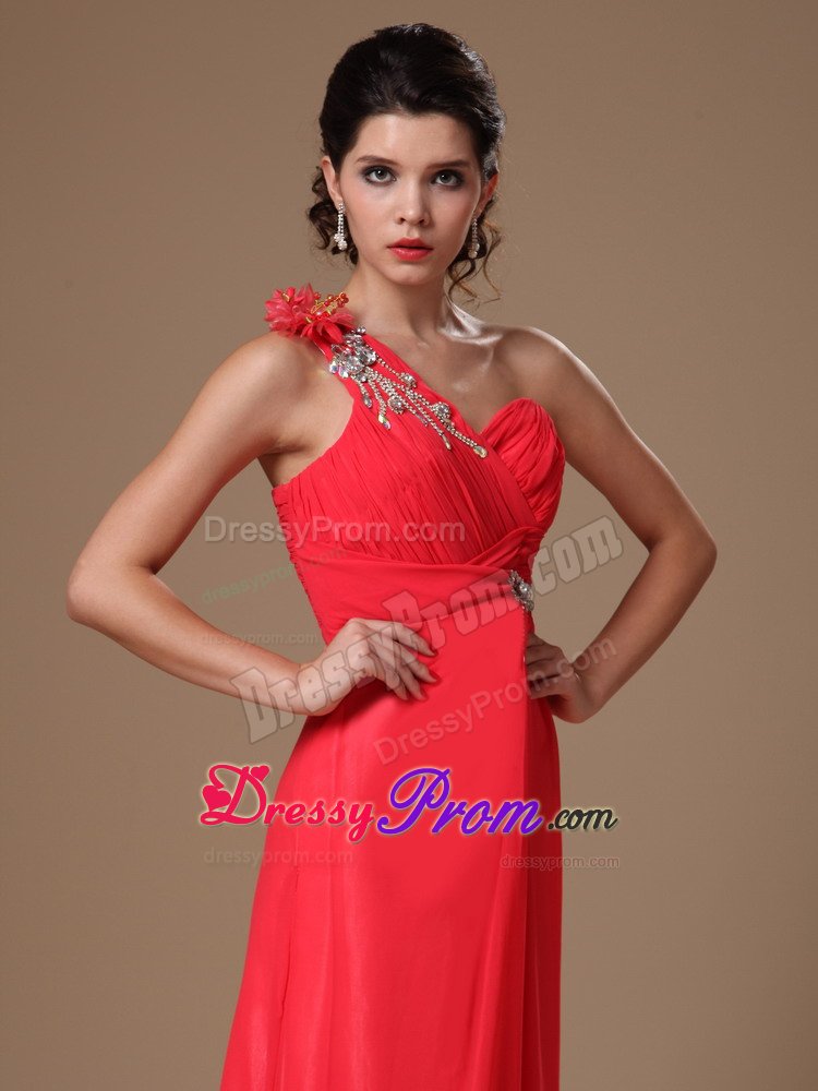 Pretty One Shoulder Ruched Coral Red Dress for Prom Zipper-up