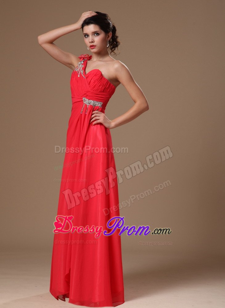 Pretty One Shoulder Ruched Coral Red Dress for Prom Zipper-up