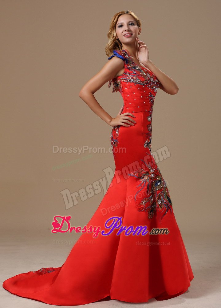 Mermaid One Shoulder Brush Train Embroidery Red Prom Dress