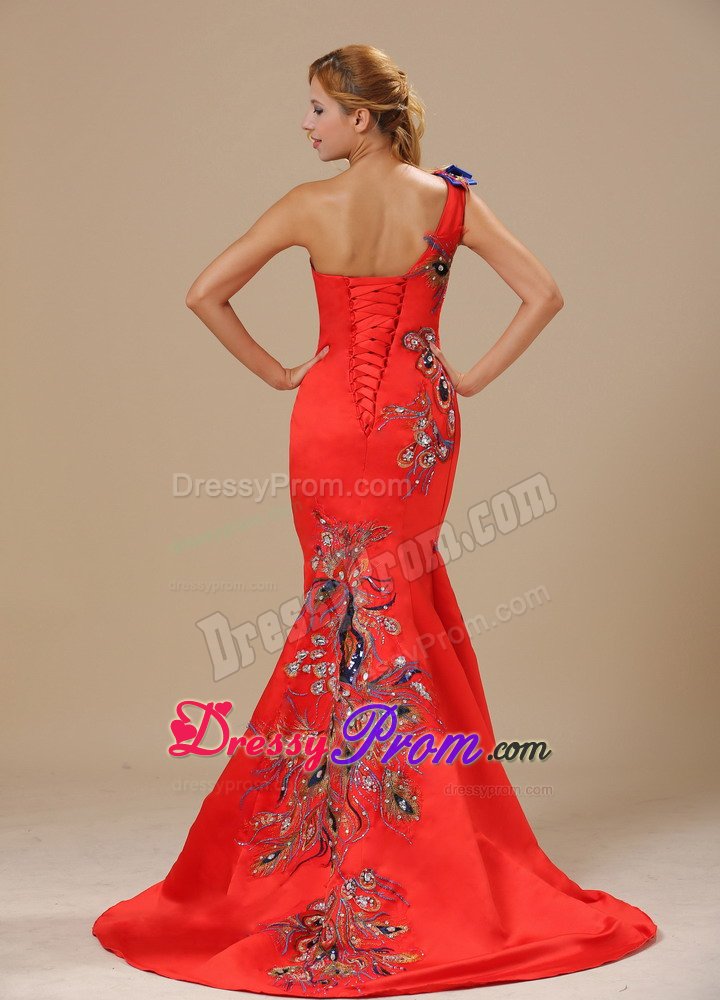 Mermaid One Shoulder Brush Train Embroidery Red Prom Dress