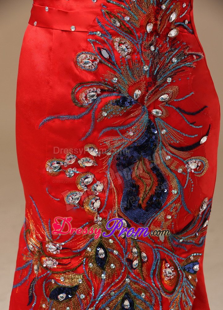 Mermaid One Shoulder Brush Train Embroidery Red Prom Dress