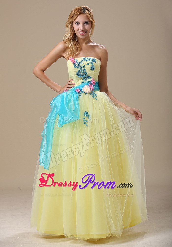 Cute Strapless Light Yellow Long Prom Dress with Blue Appliques