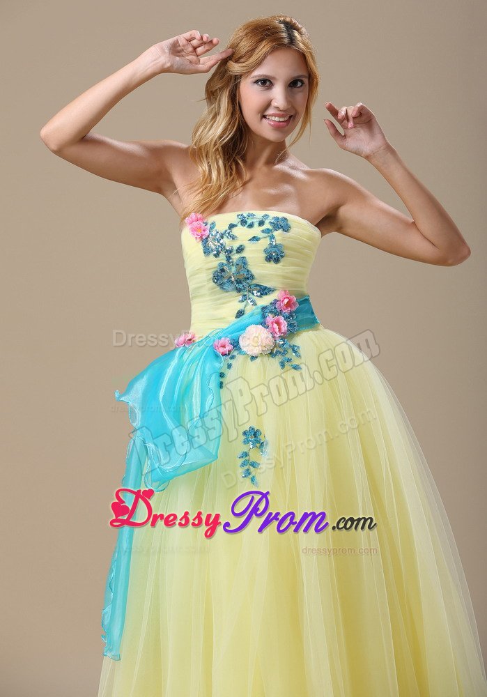 Cute Strapless Light Yellow Long Prom Dress with Blue Appliques