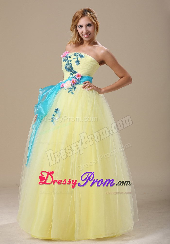 Cute Strapless Light Yellow Long Prom Dress with Blue Appliques