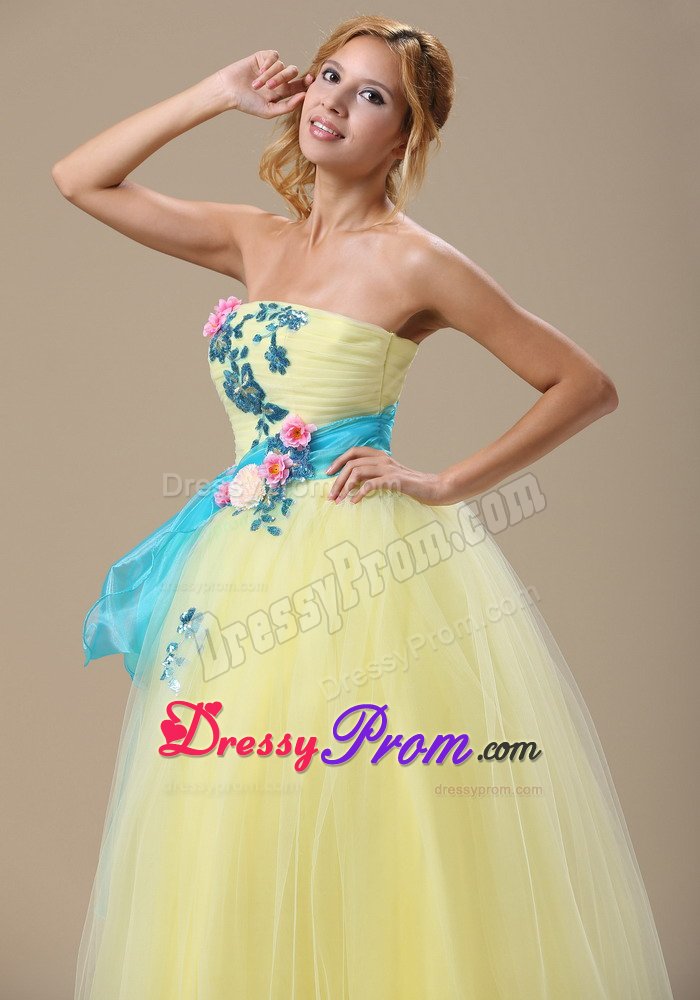 Cute Strapless Light Yellow Long Prom Dress with Blue Appliques