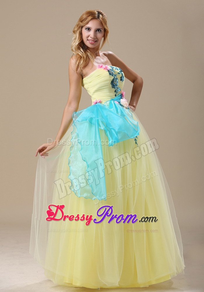 Cute Strapless Light Yellow Long Prom Dress with Blue Appliques