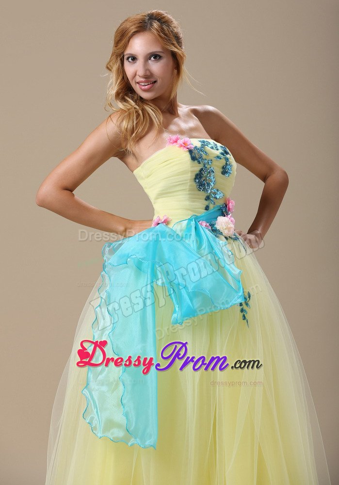 Cute Strapless Light Yellow Long Prom Dress with Blue Appliques