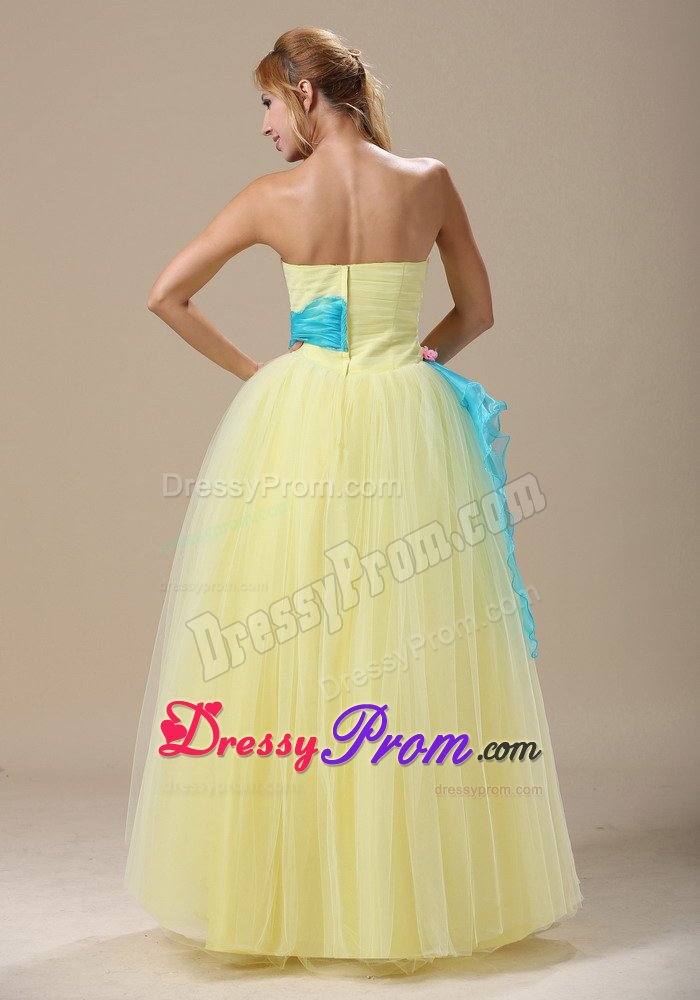 Cute Strapless Light Yellow Long Prom Dress with Blue Appliques