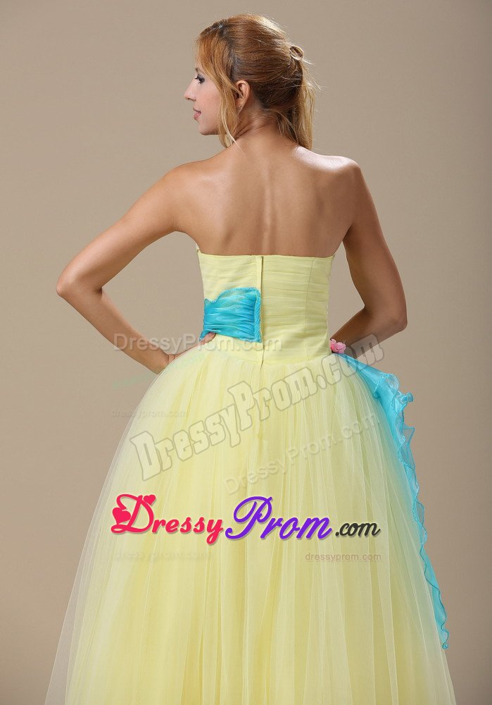 Cute Strapless Light Yellow Long Prom Dress with Blue Appliques