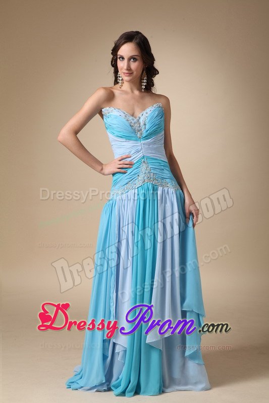 Multi-color Ruched Appliqued Brush Train Prom Dress for Ladies