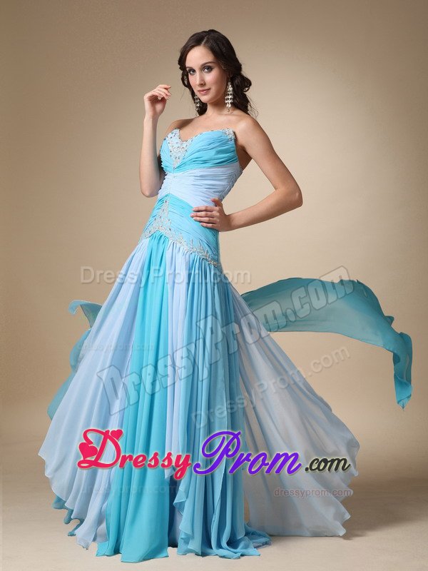 Multi-color Ruched Appliqued Brush Train Prom Dress for Ladies