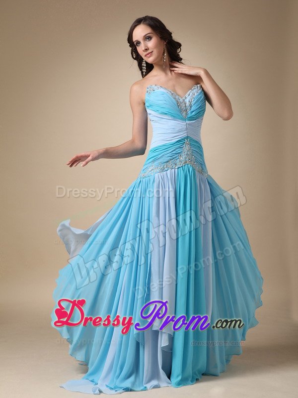 Multi-color Ruched Appliqued Brush Train Prom Dress for Ladies