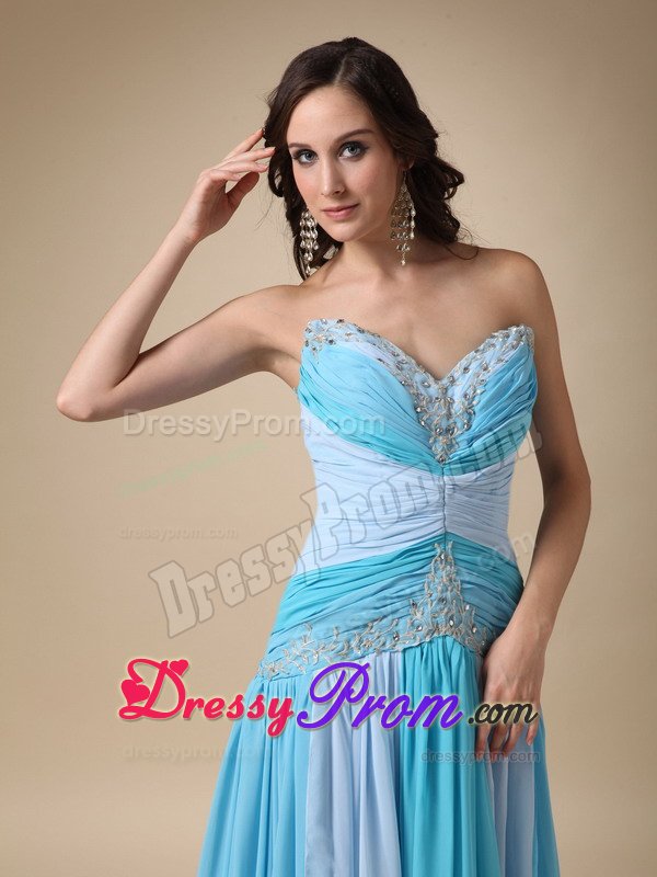 Multi-color Ruched Appliqued Brush Train Prom Dress for Ladies