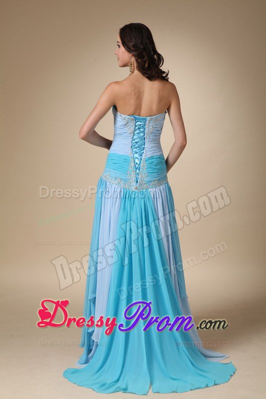 Multi-color Ruched Appliqued Brush Train Prom Dress for Ladies