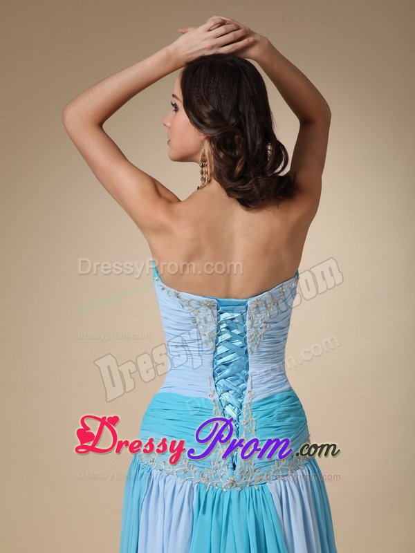 Multi-color Ruched Appliqued Brush Train Prom Dress for Ladies