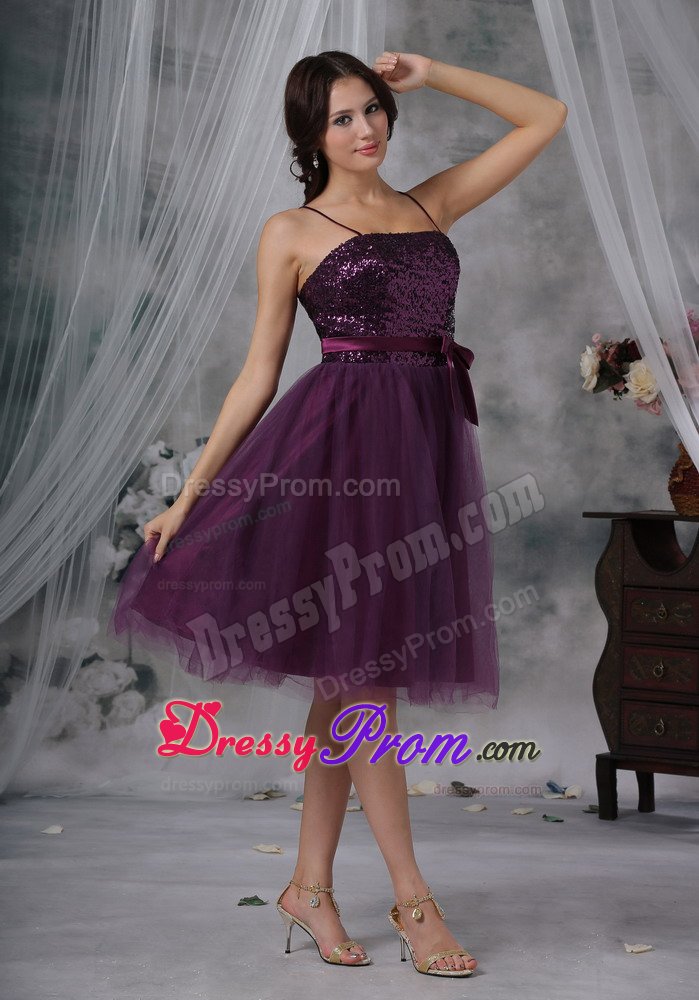 Spaghetti Straps Purple Prom Cocktail Dress with Paillette 2014