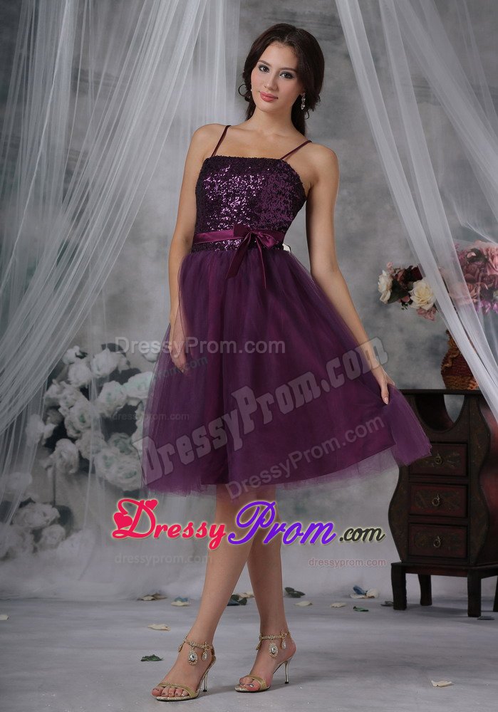 Spaghetti Straps Purple Prom Cocktail Dress with Paillette 2014