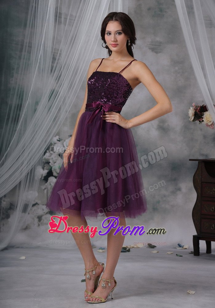 Spaghetti Straps Purple Prom Cocktail Dress with Paillette 2014