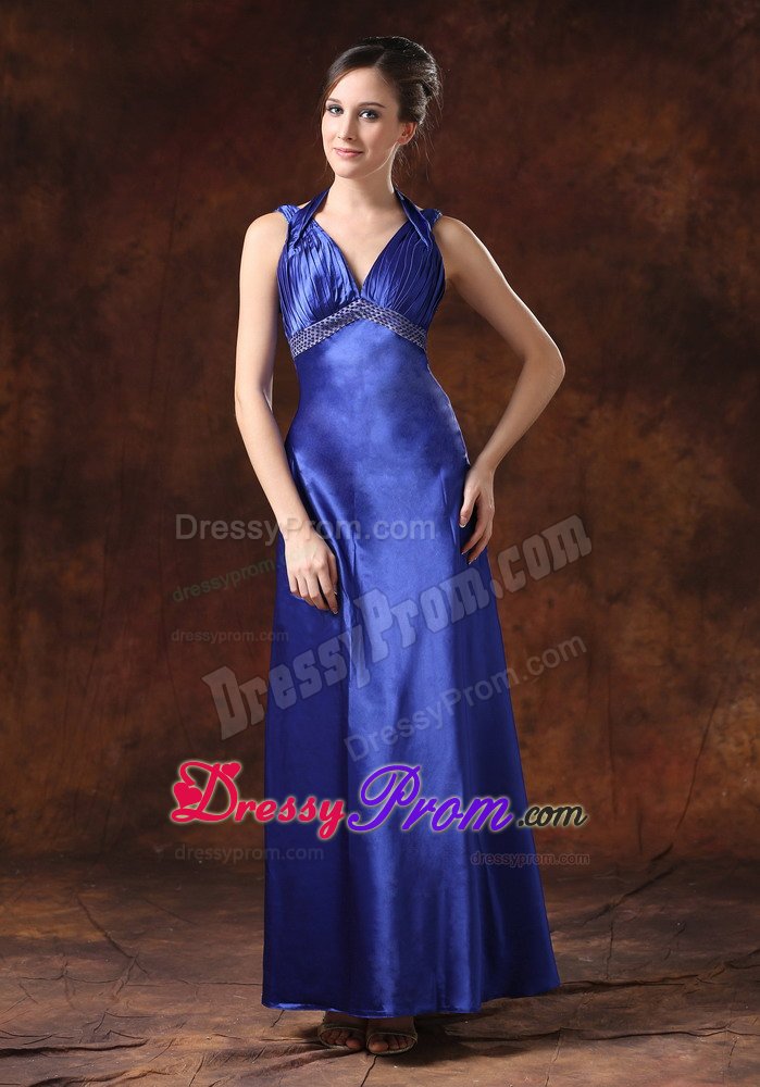 Royal Blue Ankle-length Beaded Backless Prom Dress for Girls