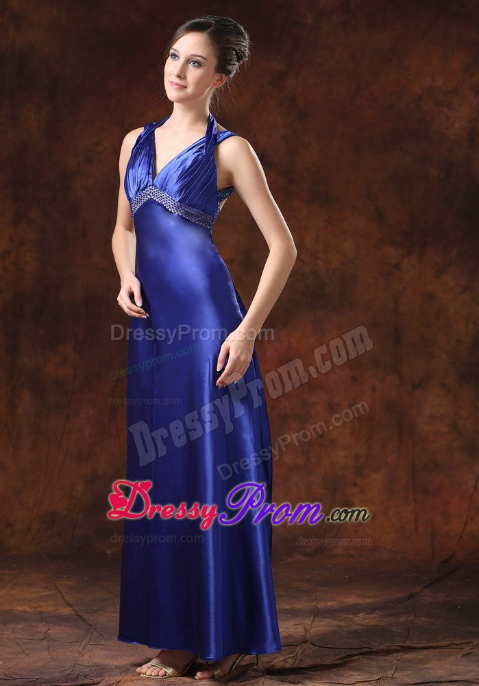 Royal Blue Ankle-length Beaded Backless Prom Dress for Girls
