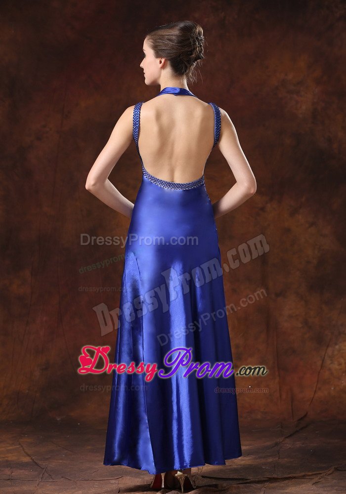 Royal Blue Ankle-length Beaded Backless Prom Dress for Girls