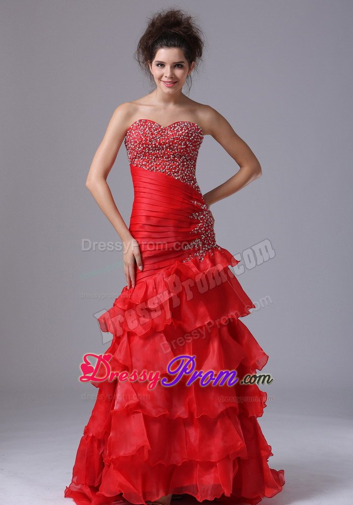 Sweetheart Ruffled Layers Beaded Red Prom Celebrity Dress Store