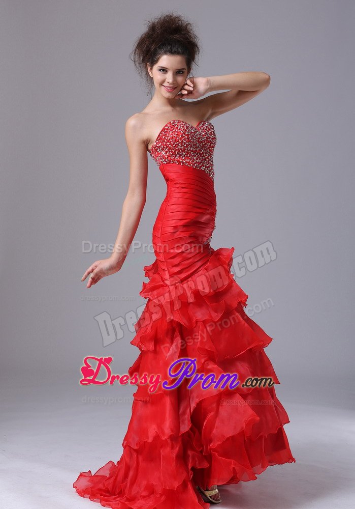 Sweetheart Ruffled Layers Beaded Red Prom Celebrity Dress Store