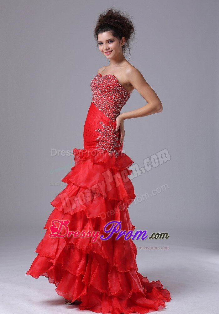 Sweetheart Ruffled Layers Beaded Red Prom Celebrity Dress Store