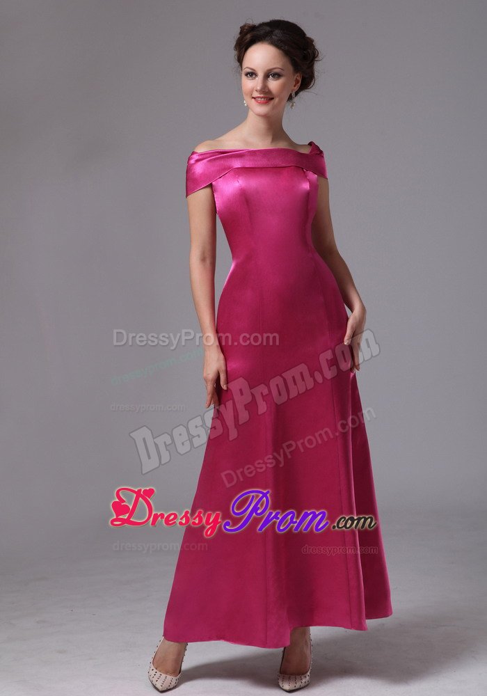 Off The Shoulder Satin Hot Pink Beaded Ankle-length Prom Dress