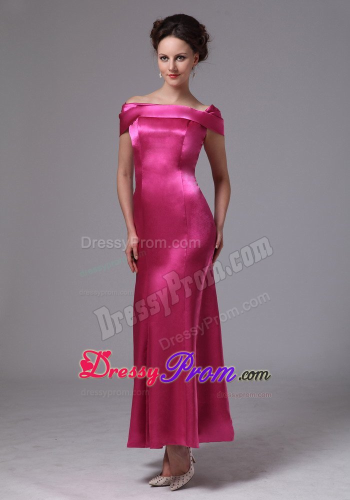 Off The Shoulder Satin Hot Pink Beaded Ankle-length Prom Dress