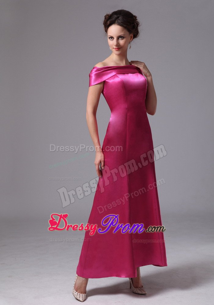 Off The Shoulder Satin Hot Pink Beaded Ankle-length Prom Dress