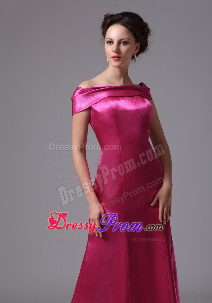 Off The Shoulder Satin Hot Pink Beaded Ankle-length Prom Dress