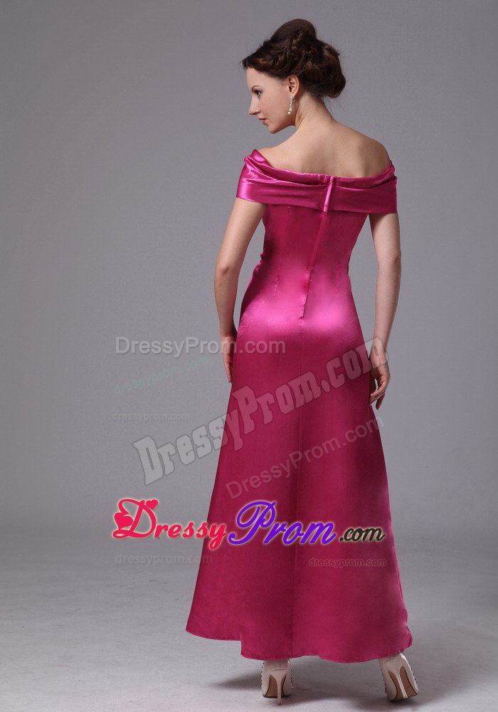 Off The Shoulder Satin Hot Pink Beaded Ankle-length Prom Dress