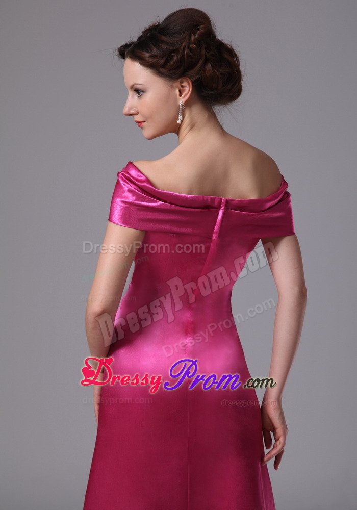 Off The Shoulder Satin Hot Pink Beaded Ankle-length Prom Dress