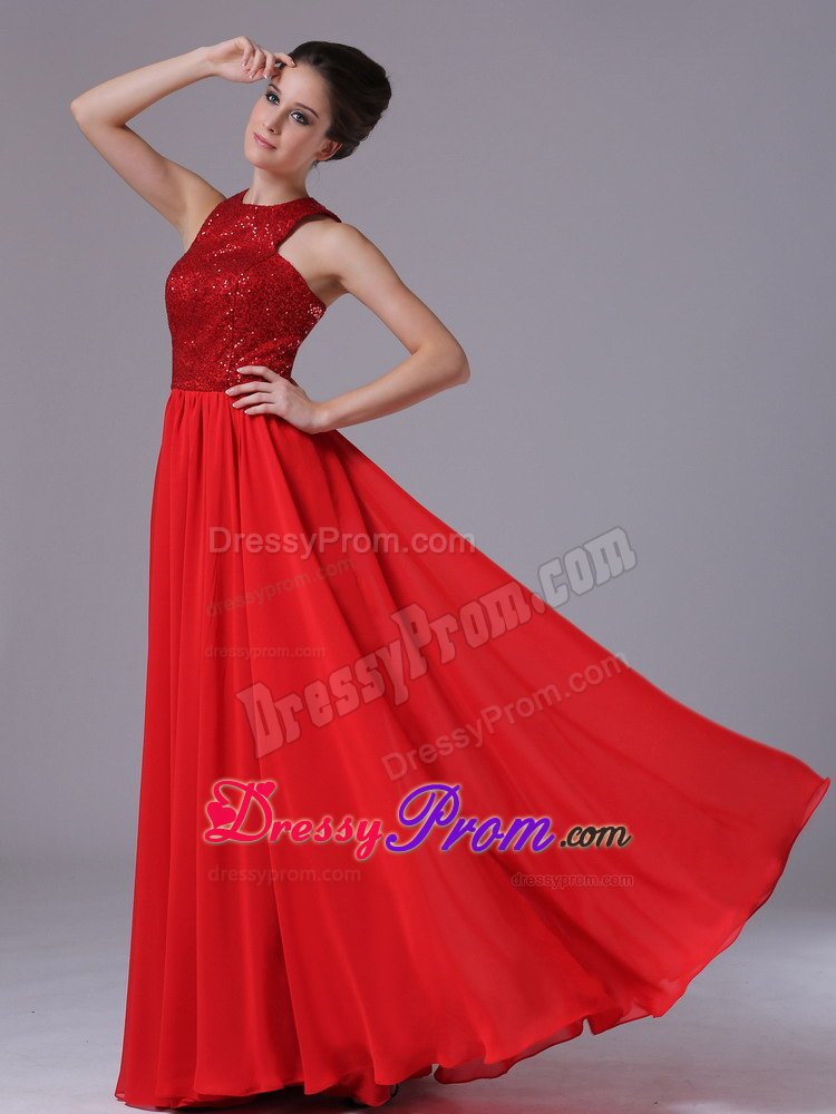 Chiffon Scoop Neck Paillette Red Ruffled Prom Celebrity Dress