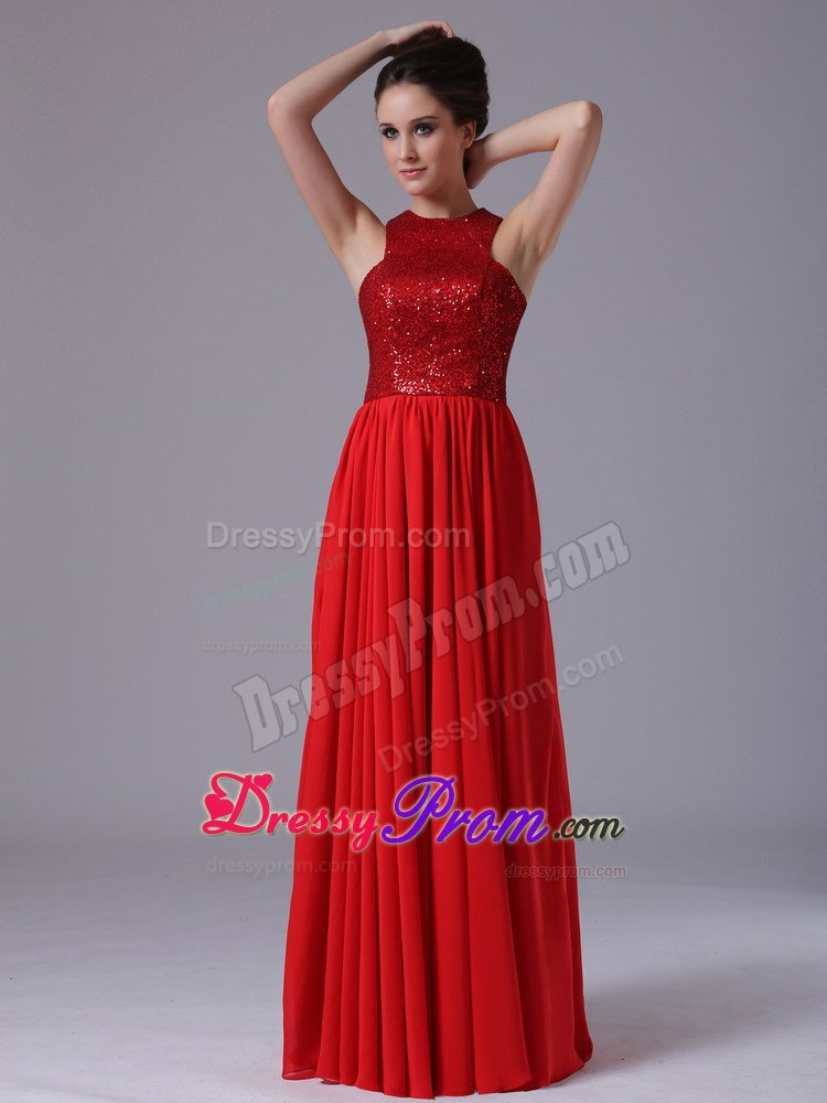 Chiffon Scoop Neck Paillette Red Ruffled Prom Celebrity Dress