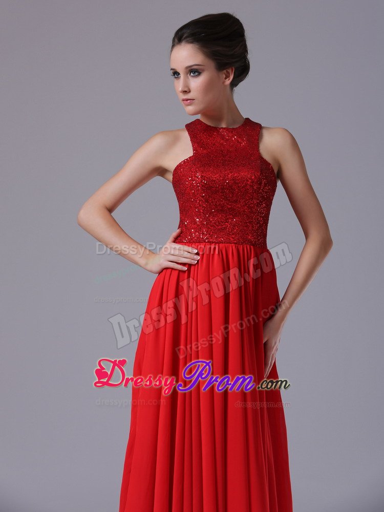 Chiffon Scoop Neck Paillette Red Ruffled Prom Celebrity Dress