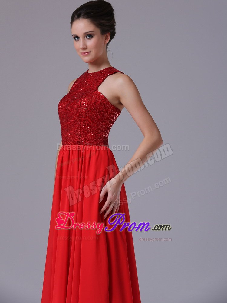 Chiffon Scoop Neck Paillette Red Ruffled Prom Celebrity Dress