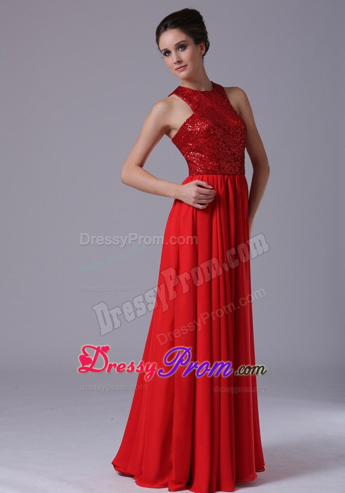 Chiffon Scoop Neck Paillette Red Ruffled Prom Celebrity Dress