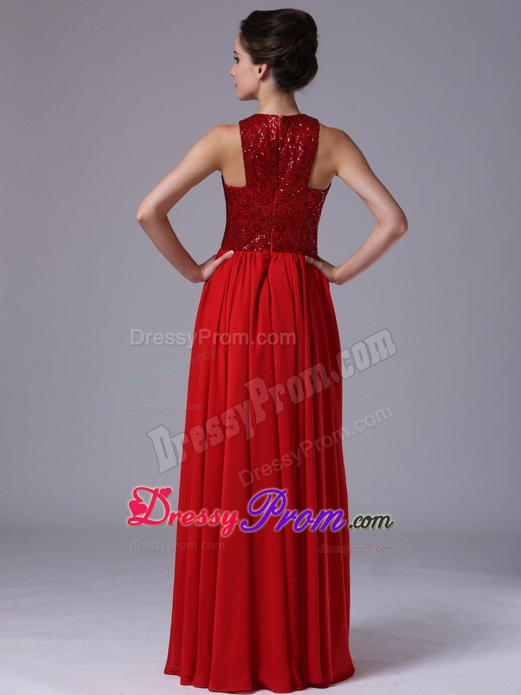 Chiffon Scoop Neck Paillette Red Ruffled Prom Celebrity Dress