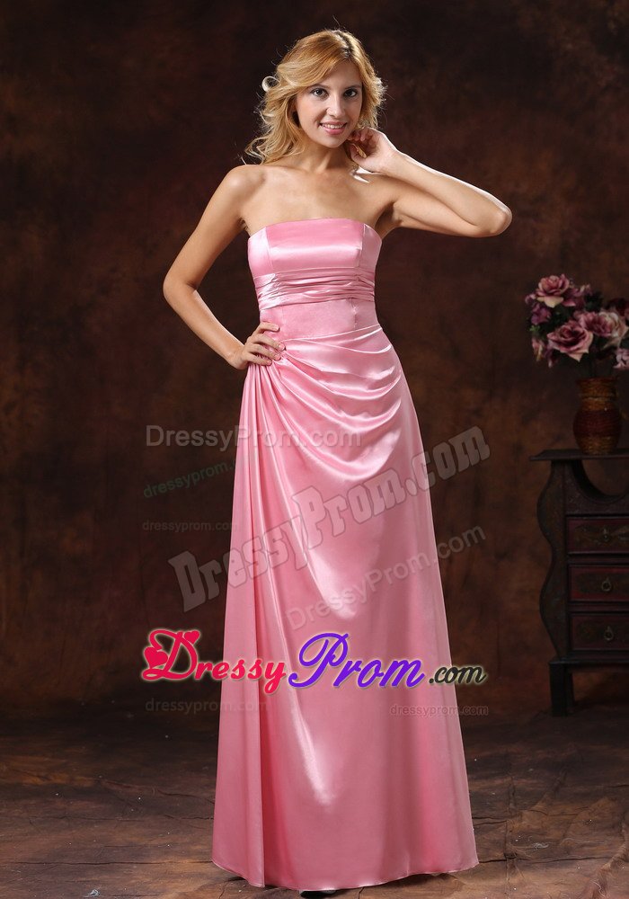 Elastic Woven Satin Rose Pink Strapless Ruched Prom Party Dress