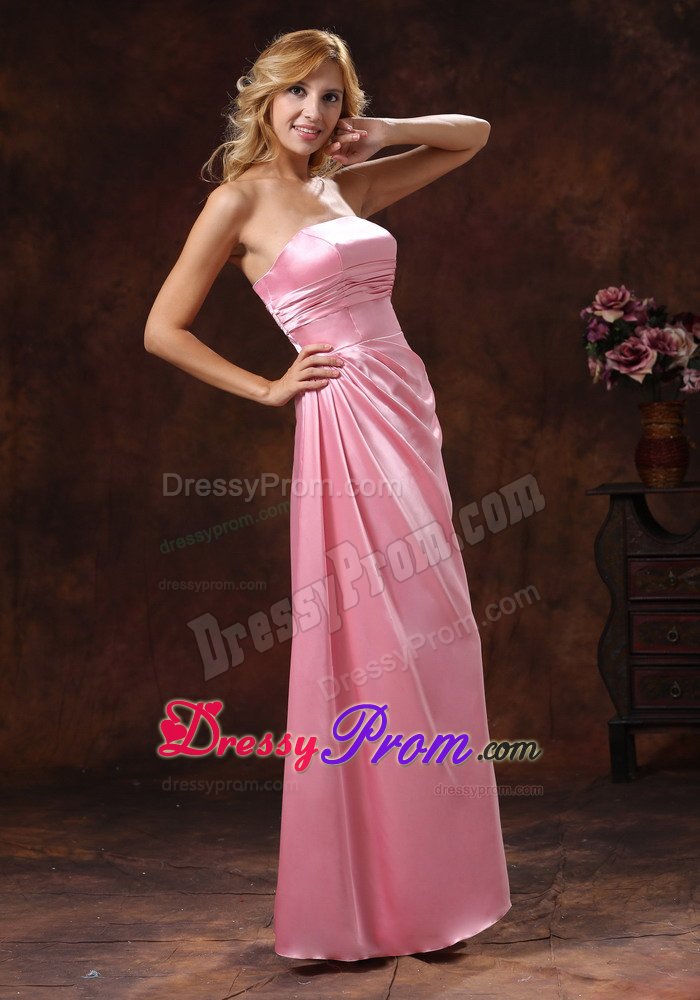 Elastic Woven Satin Rose Pink Strapless Ruched Prom Party Dress
