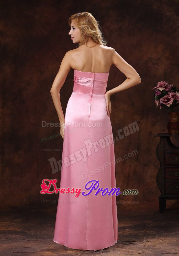 Elastic Woven Satin Rose Pink Strapless Ruched Prom Party Dress
