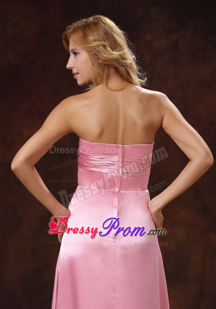 Elastic Woven Satin Rose Pink Strapless Ruched Prom Party Dress