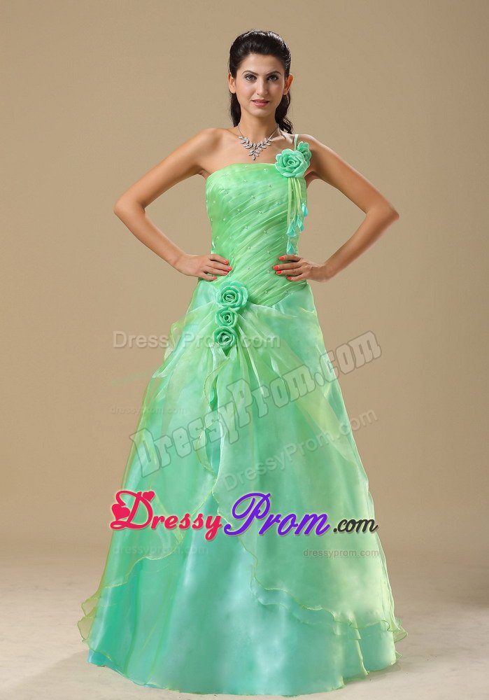 Cute One Shoulder Ruched Apple Green Prom Dress with Flowers