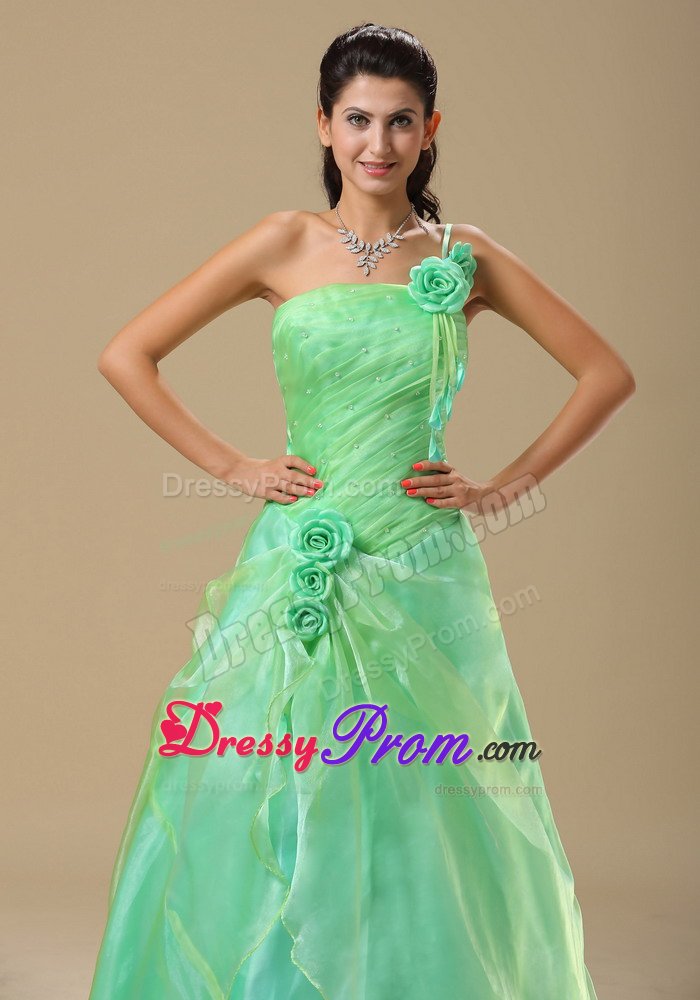 Cute One Shoulder Ruched Apple Green Prom Dress with Flowers